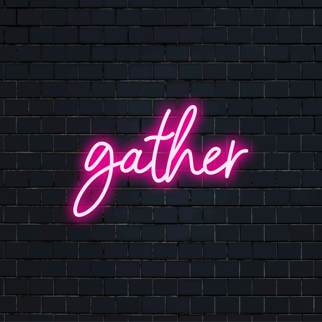 Glowing custom-made LED neon sign with the word Gather illuminated in elegant script, perfect for home decor flair.