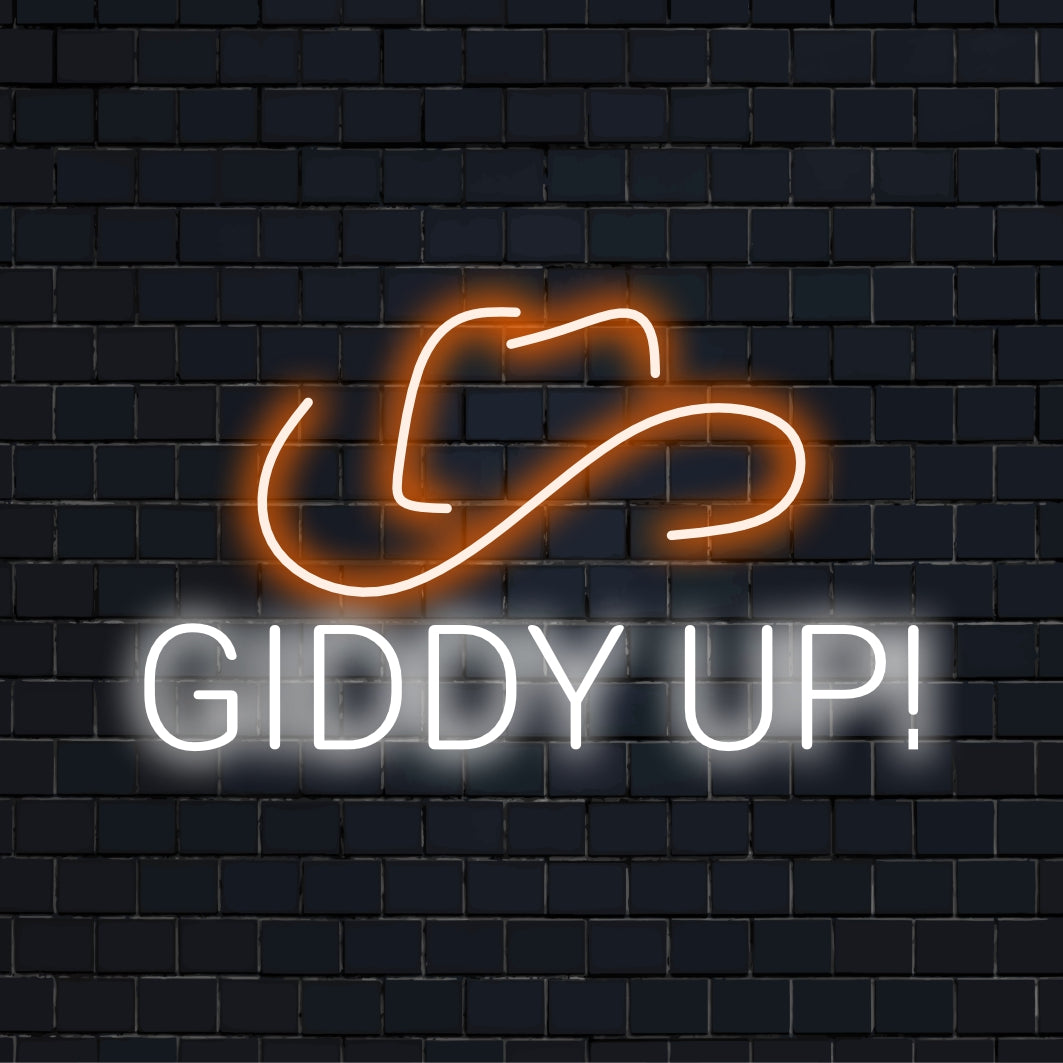 Mukautettu LED-neonkyltti cowboy-hatun muodossa, jossa sanat Giddy Up taitavasti upotettuina; katseenvangitsija neon-sisustuskappale.