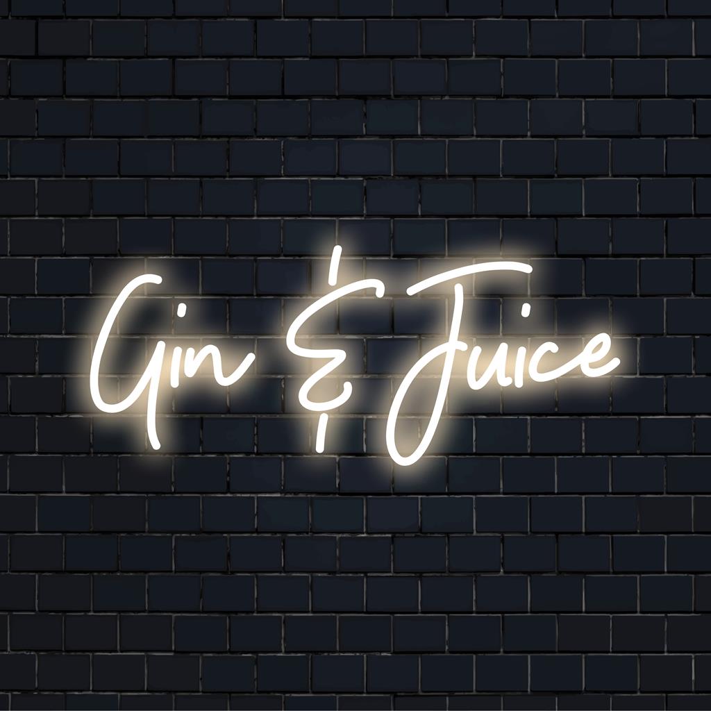 Mukautettu LED-neonkyltti, jossa lukee "Gin And Juice", joka lisää elävää hehkua ja persoonallista kosketusta mihin tahansa tilaan, täydellinen ainutlaatuiseen neonsisustukseen.