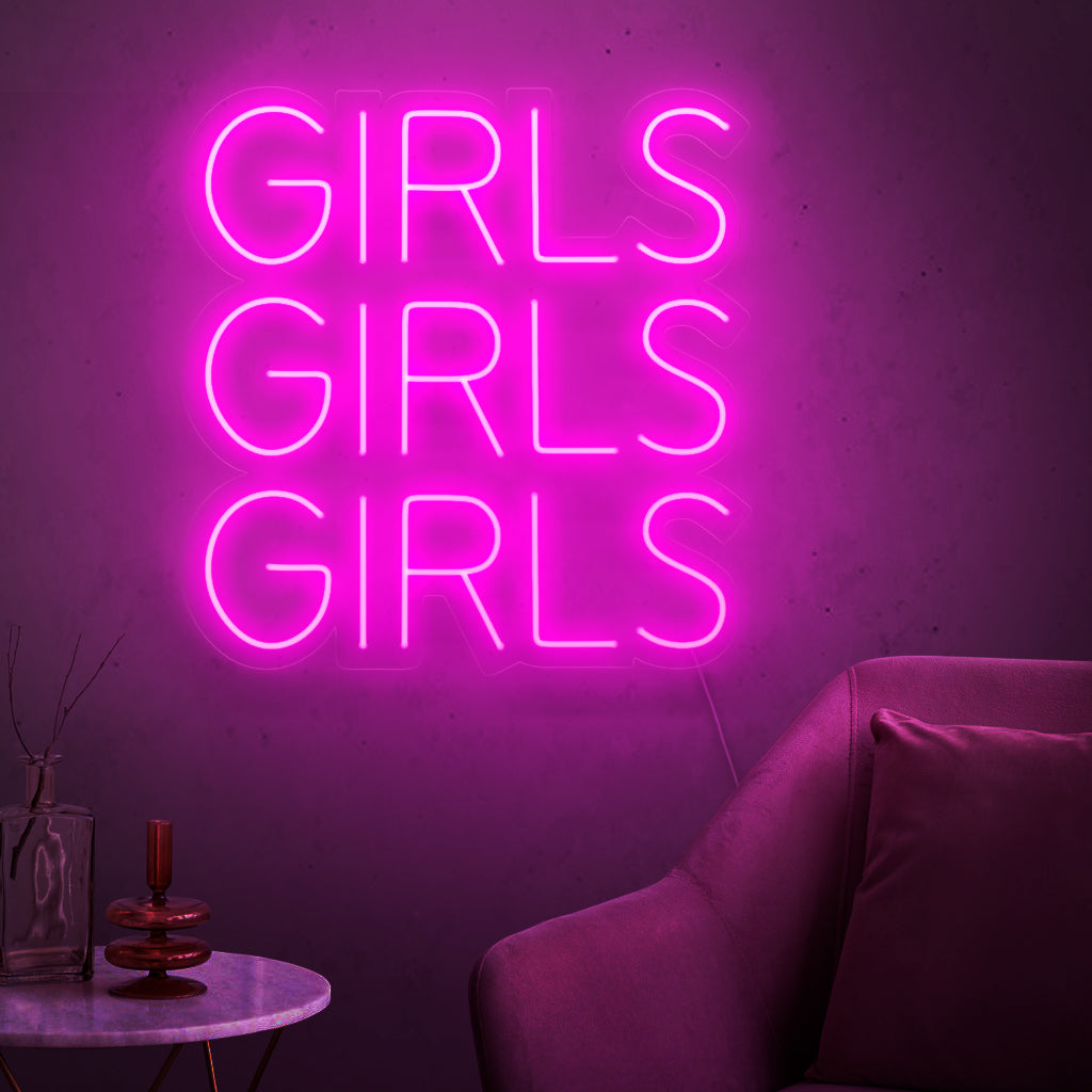 "Girls Girls Girls Neon Sign" - Hengittää eloisaa ja eloisaa tunnelmaa, sopii täydellisesti yöelämän paikkoihin ja baareihin luoden eloisan ja jännittävän tunnelman.