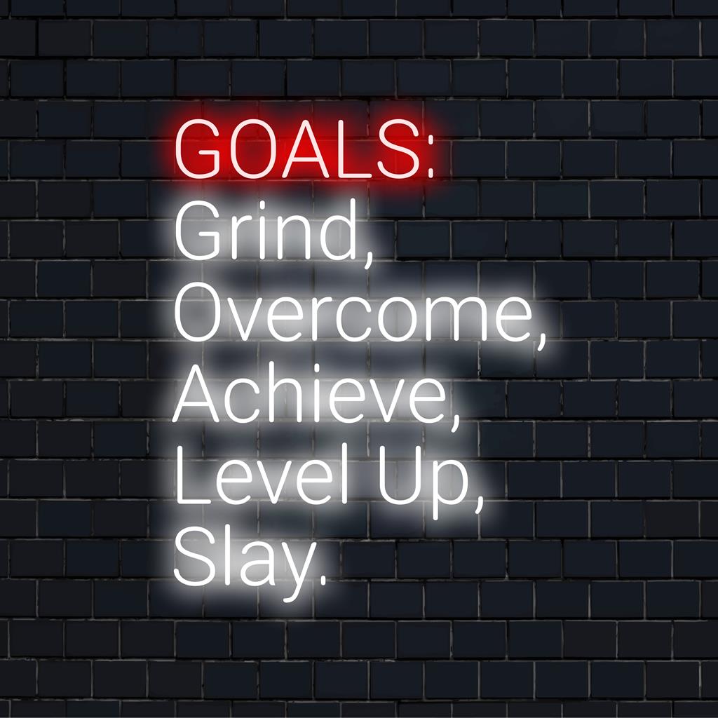 Mittatilaustyönä valmistettu LED-valokuva, jossa on motivoivia lauseita Grind, Overcome, Achieve, Level Up, Slay neonlight art.