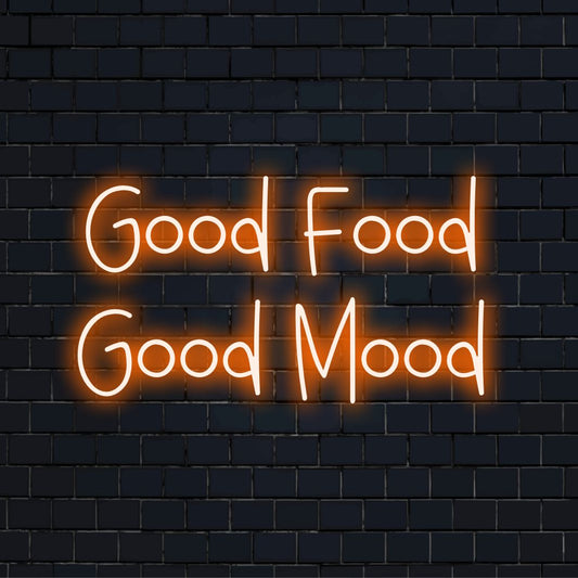 "Good Food Good Mood Neon Sign" - Säteilee positiivista tunnelmaa ruokailijoille ja kulinaarisiin tiloihin, korostaa hyvän ruoan ja hyvän mielen yhteyttä.