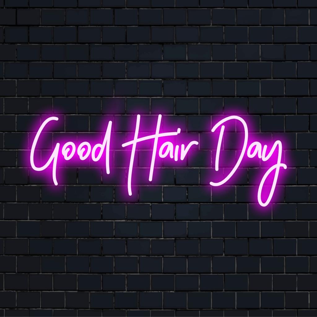 Mukautettu LED-valokuvakirjoitus Good Hair Day lihavoituilla, hehkuvilla kirjaimilla; monipuolinen neonvalosisustus eloisiin tiloihin.