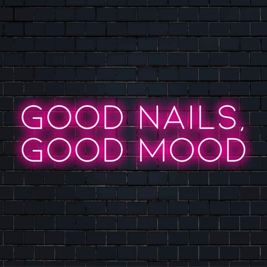 Vibrant pink 'Good Nails, Good Mood' LED neon sign, perfect for beauty lovers seeking lively decor.