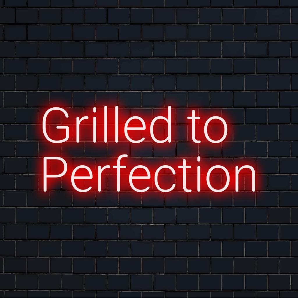 Anpassad LED-neonskylt som läser Grillad till perfektion med chic manus, perfekt för grillälskares inredning, vilket ger en glödande känsla.