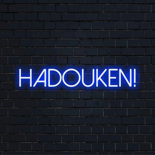 Mukautettu LED-valokyltti oikeinkirjoitus Hadouken! eloisissa neonväreissä; täydellinen neonseinätaide pelien harrastajille.