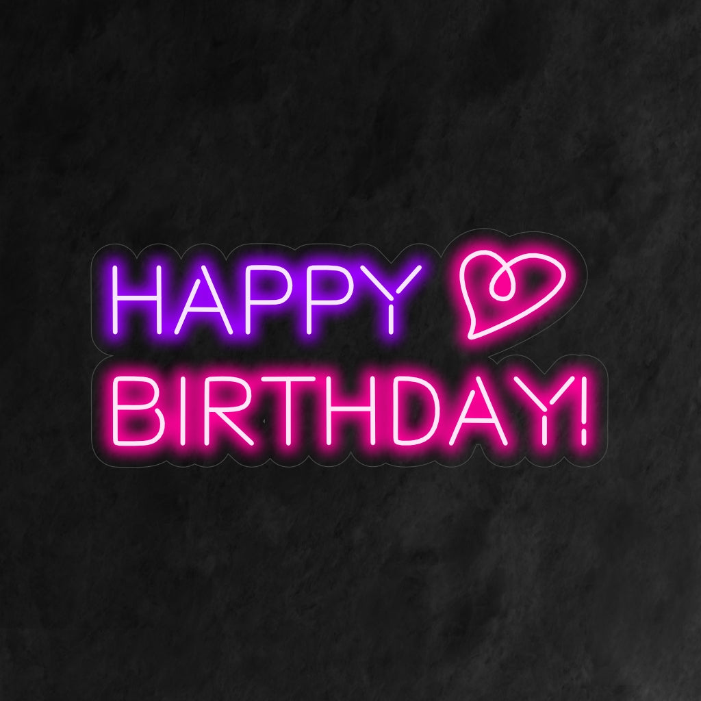 "Happy Birthday and Heart Neon Sign" on sydämellinen ja juhlava lisä juhla-aiheiseen sisustukseen. Neonvalo, joka välittää onnea syntymäpäivänä.
