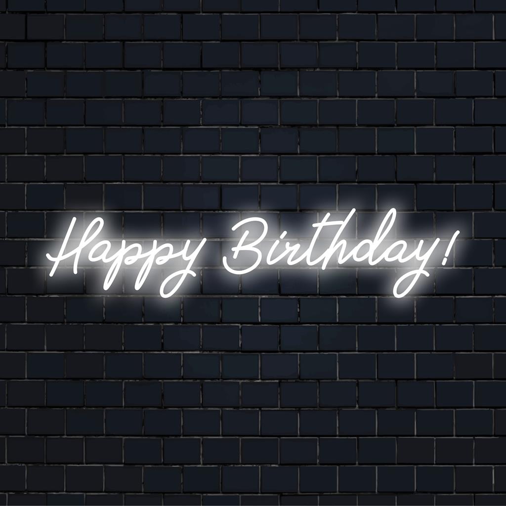 Skräddarsydd LED neonskylt med ett livfullt grattis på födelsedagen! text, perfekt för festlig inredning och personlig belysning.