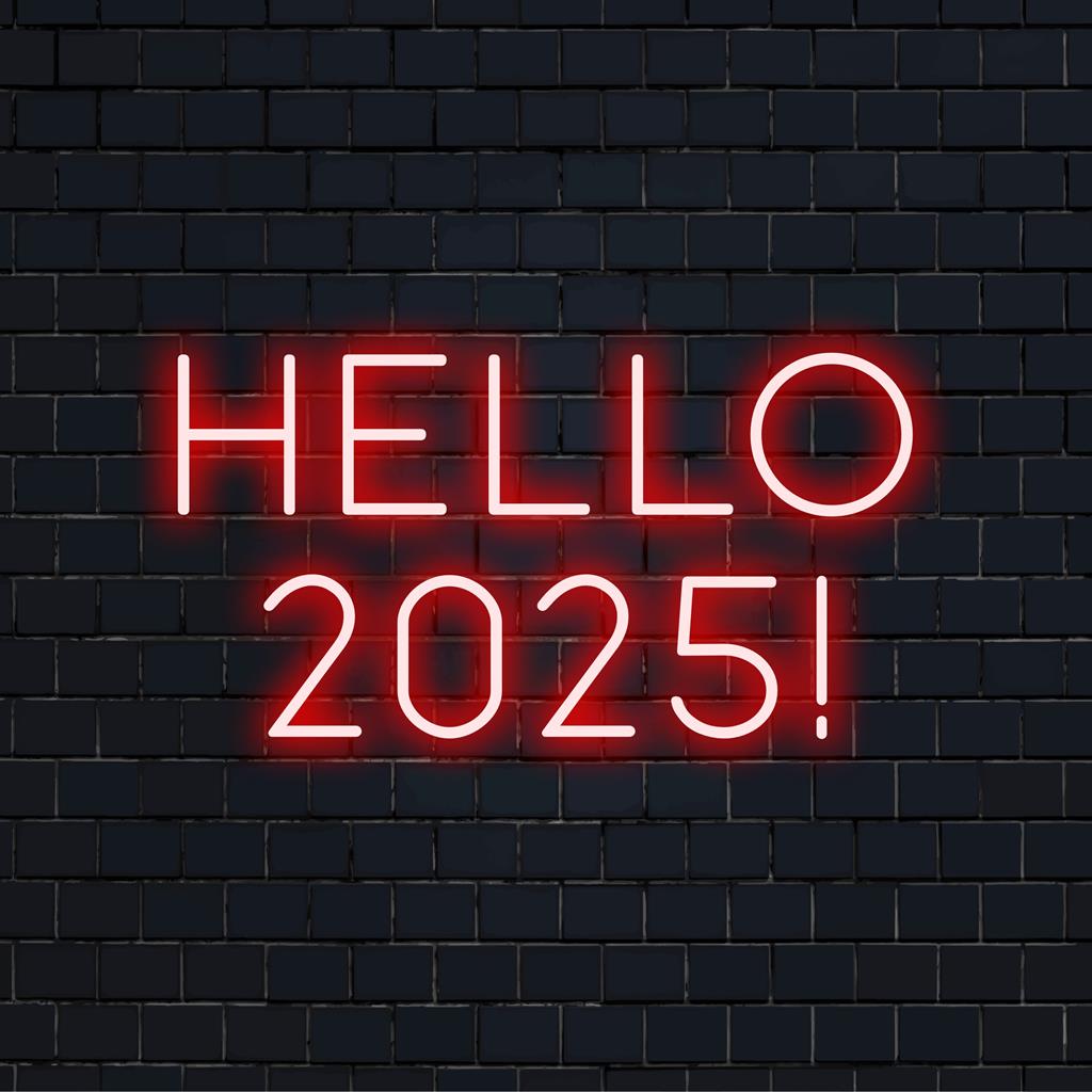 Värikäs LED-valokyltti, jossa lukee Hello 2025! eloisaan kodin sisustukseen tai juhlatunnelmaan. Mittatilaustyönä modernia esteettistä vetovoimaa varten.