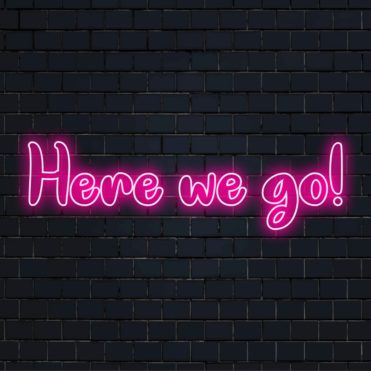 Vibrant LED neon sign with 'Here We Go' text, perfect for energetic decor and inspiring vibe enhancement.