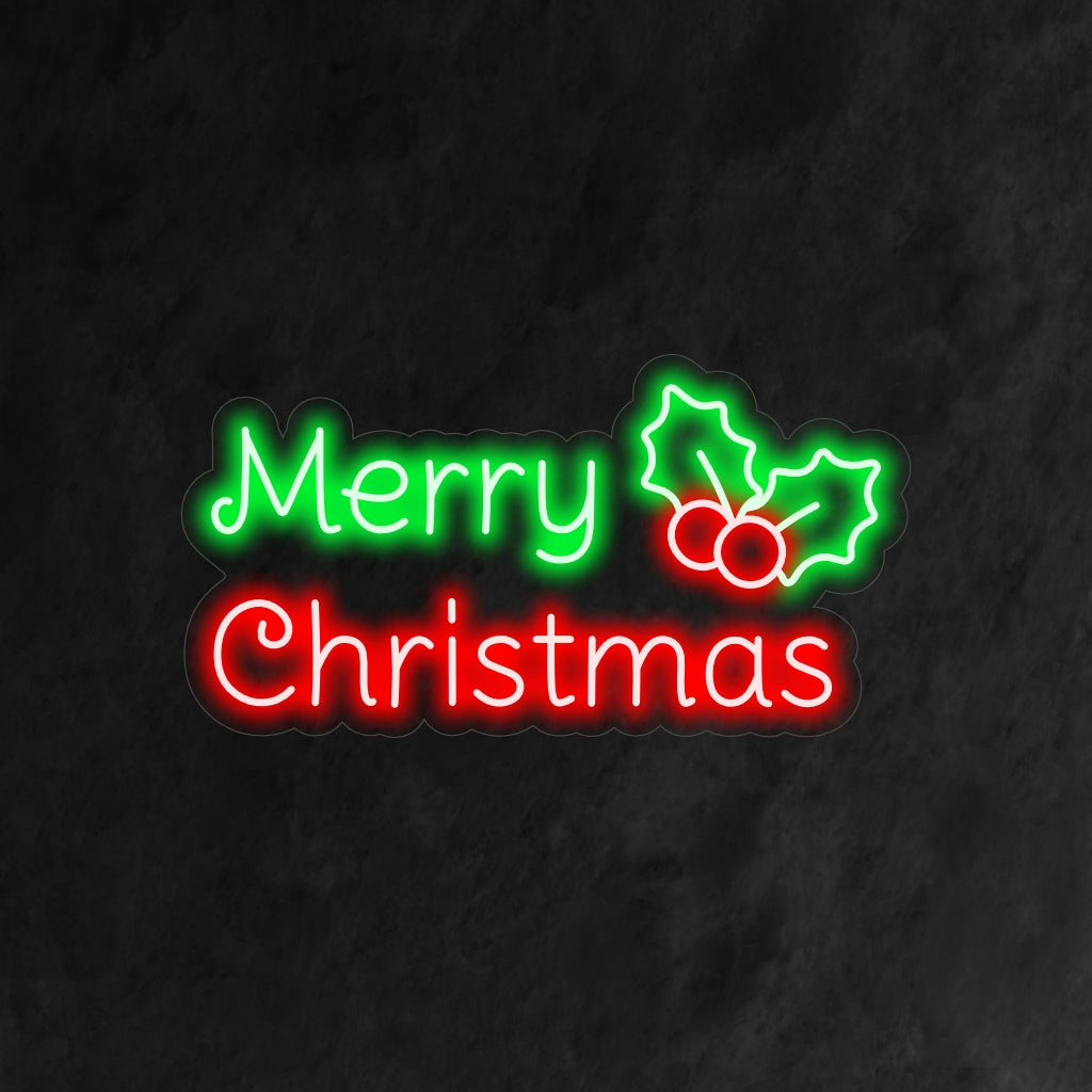 "Holly Merry Christmas Neon Sign" on perinteinen ja juhlava lisä loma-aiheiseen sisustukseen. Neonvalo, joka esittelee ajatonta hollyn symbolia.