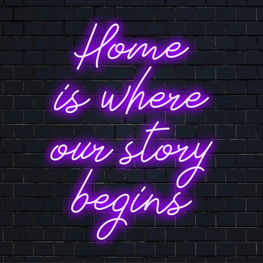 LED-valokyltti tekstillä Home Is Where Our Story Begins, täydellinen lisäämään lämpöä mihin tahansa tilaan. Mukautettu LED-kipinä ja mukavuus.