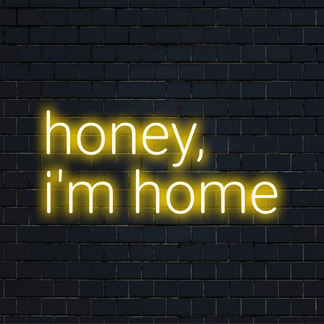 Valaiseva neonhehkuteksti, joka julistaa Honey Olen kotona, ihanteellinen viihtyisiin tiloihin; kiehtova mukautettu LED-design, täydellinen neonseinätaide.