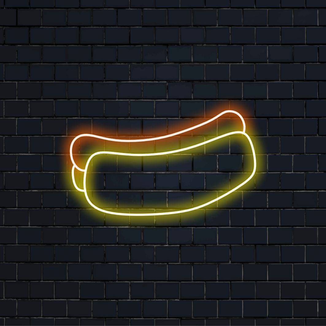 "Hot Dog Neon Sign" on suussa sulava ja retro lisä ravintolasi sisustukseen. Neonvalo, joka esittelee herkullisen hot dogin klassista symbolia.