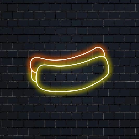 "Hot Dog Neon Sign" on suussa sulava ja retro lisä ravintolasi sisustukseen. Neonvalo, joka esittelee herkullisen hot dogin klassista symbolia.