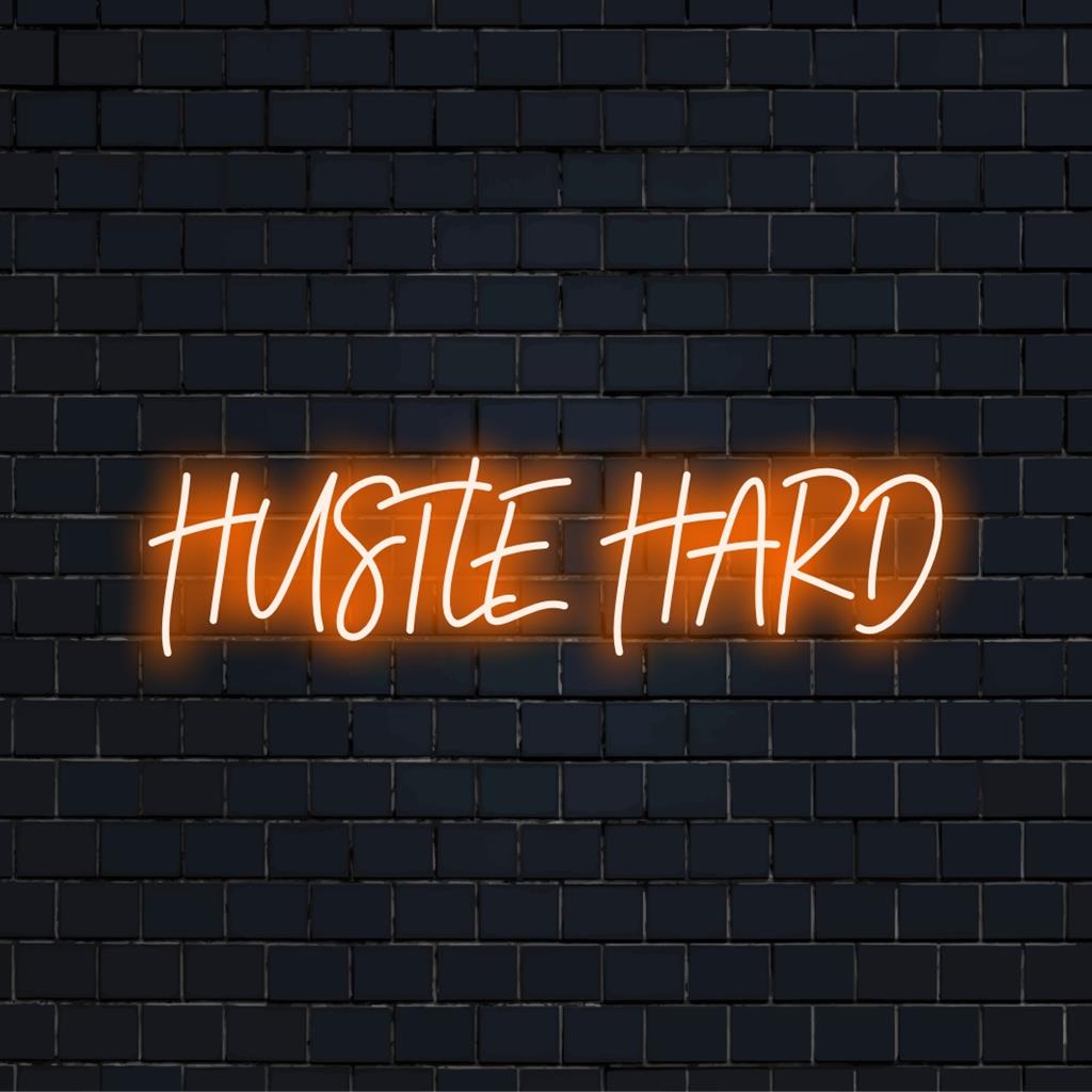 LED neon sign featuring the phrase Hustle Hard, perfect for inspirational decor and vibrant lighting in any space.