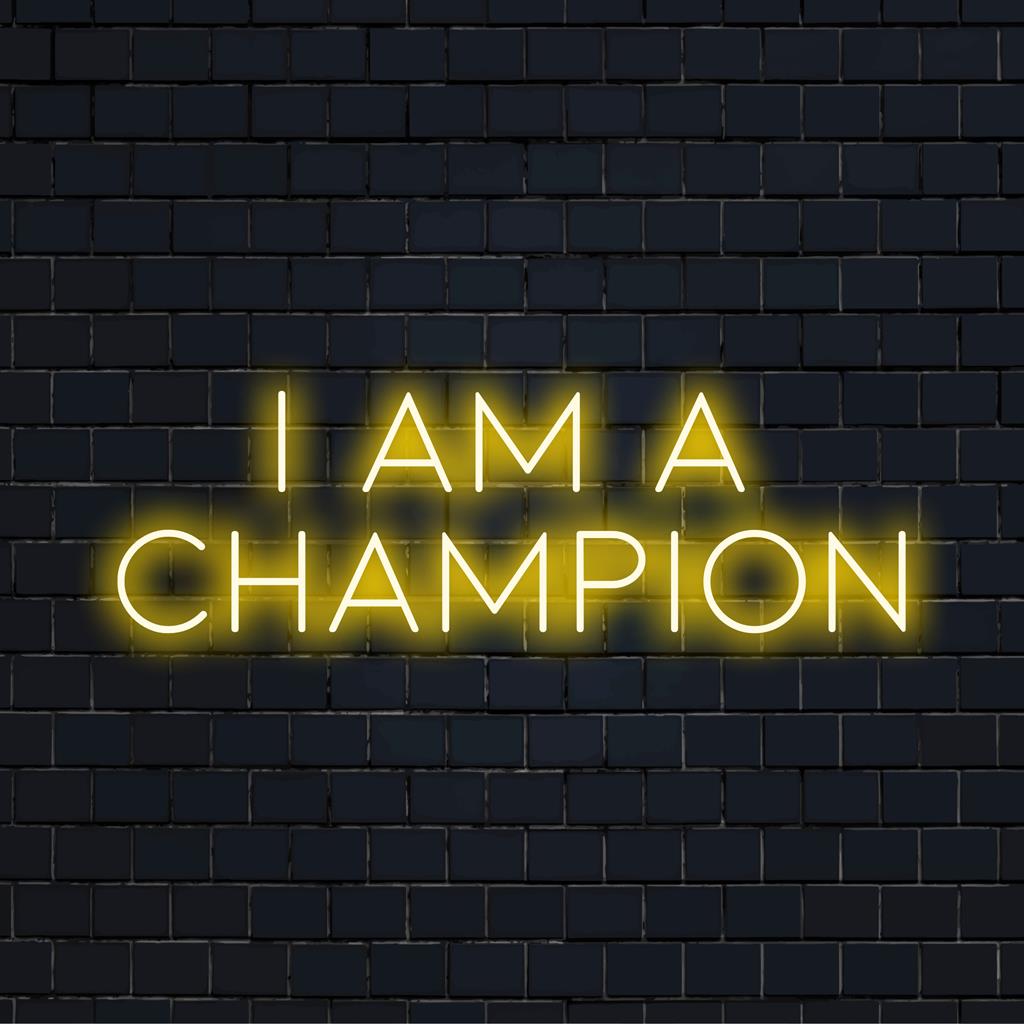 LED-valokyltti, jossa on I Am A Champion, täydellinen motivoivan neonseinätaiteen tai yksilöllisen sisustuksen luomiseen.