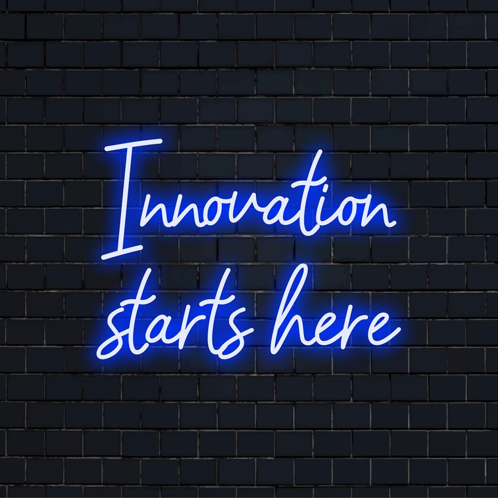 Mukautettu LED-neonkyltti, jossa on ilmaus Innovation Stars Here, täydellinen moderniin toimiston sisustukseen tai inspiraatiotiloihin.