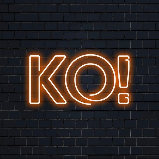 Custom KO! neon sign shining brightly, illuminating spaces with vibrant LED light, ideal for modern decor and artistic flair.