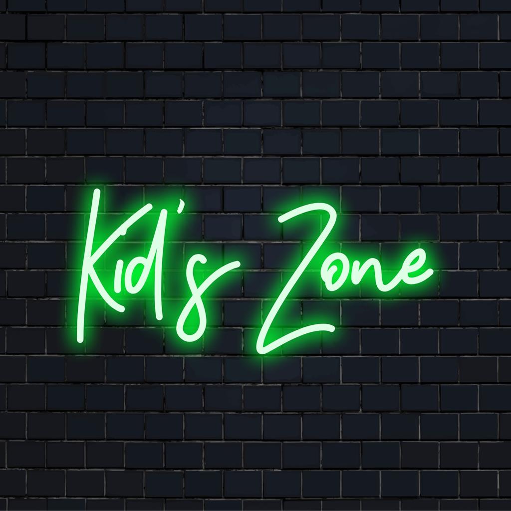 Anpassad LED-neonskylt som läser Kid's Zone i livfulla färger, perfekt för att lysa upp barnens lekområden.