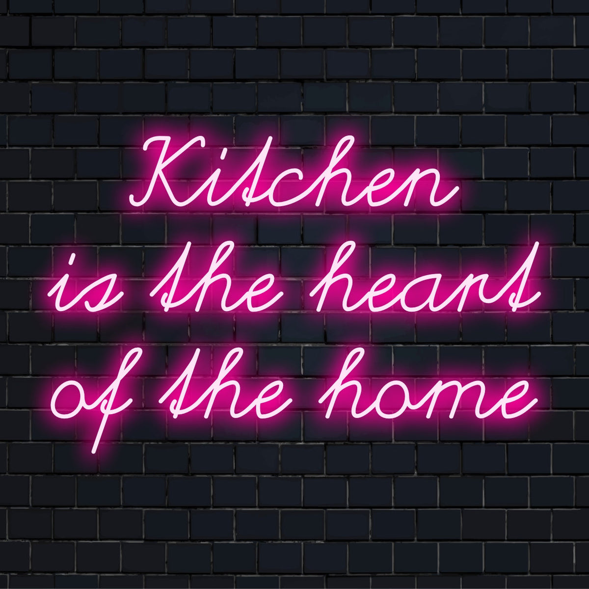 LED-neonkyltti, jossa on ilmaus Kitchen is the Heart of the Home, joka lisää lämmintä ja kutsuvaa hehkua tilaan.