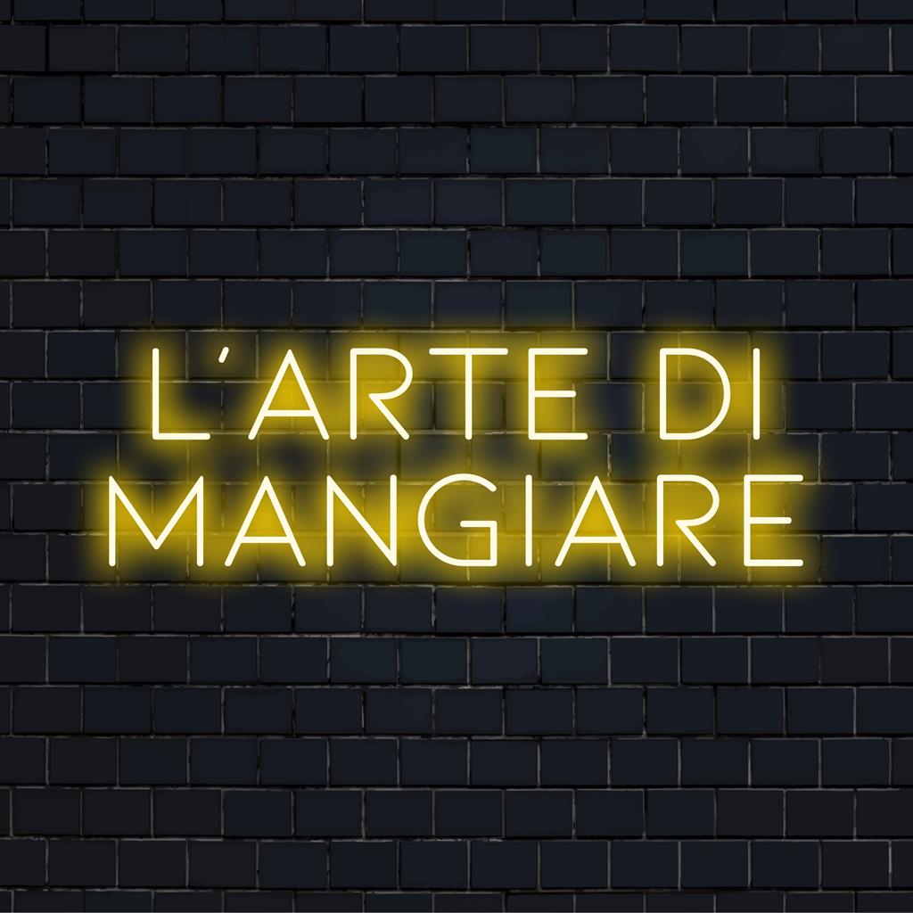 Mukautettu LED-neonkyltti, jossa on L'arte Di Mangiare, täydellinen moderniin sisustukseen ja valaiseviin kulinaarisiin tiloihin.