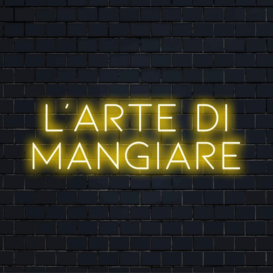 Mukautettu LED-neonkyltti, jossa on L'arte Di Mangiare, täydellinen moderniin sisustukseen ja valaiseviin kulinaarisiin tiloihin.