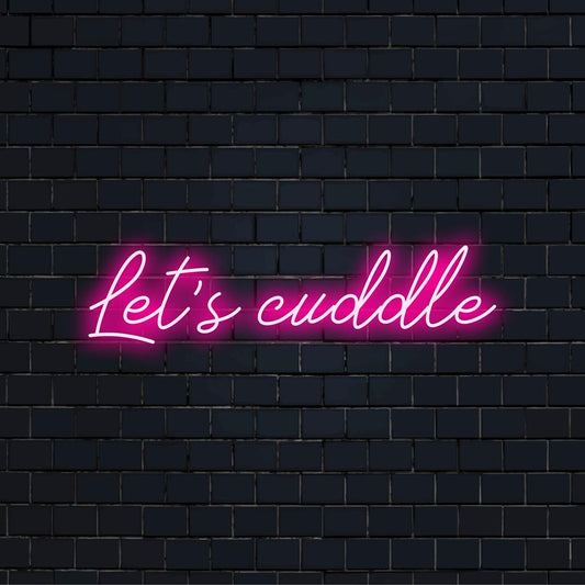Mukautettu LED-neonkyltti, jossa Let's Cuddle 2 on kirkkaissa väreissä. Se sopii täydellisesti kodikkaaseen neonseinätaiteeseen ja persoonalliseen valokoristeeseen.