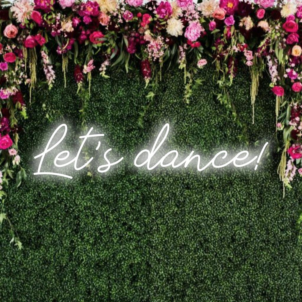 Custom LED neon sign with vibrant Let's Dance! text for lively decor. Perfect neon wall art to energize any space.