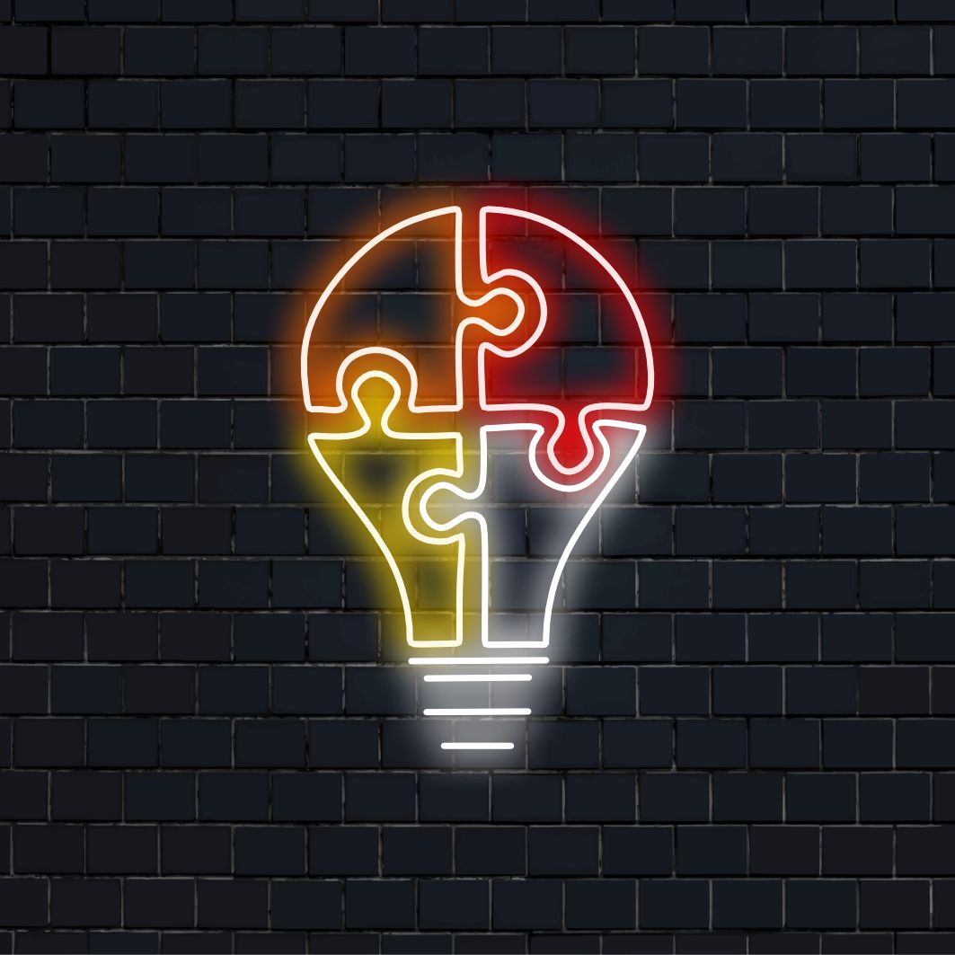 "Light Bulb Puzzle Neon Sign" on luova lisäys inspiroiviin tiloihin, ihanteellinen toimistoihin ja koteihin. Valaise juonittelulla!