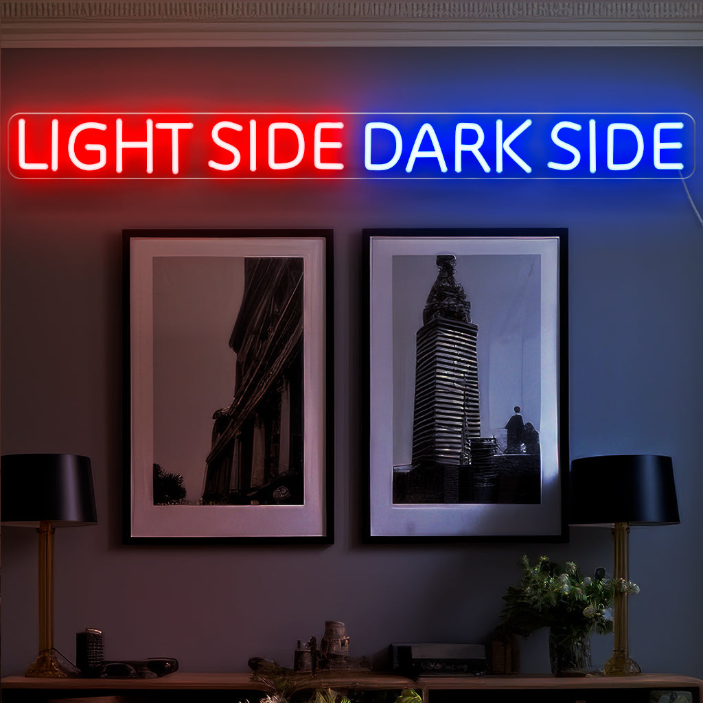 "Light Side Dark Side Neon Sign" är en lysande representation av dualitet, perfekt för utrymmen som omfamnar kontrasterande vibbar. Lys upp din omgivning med detta distinkta neonljus!