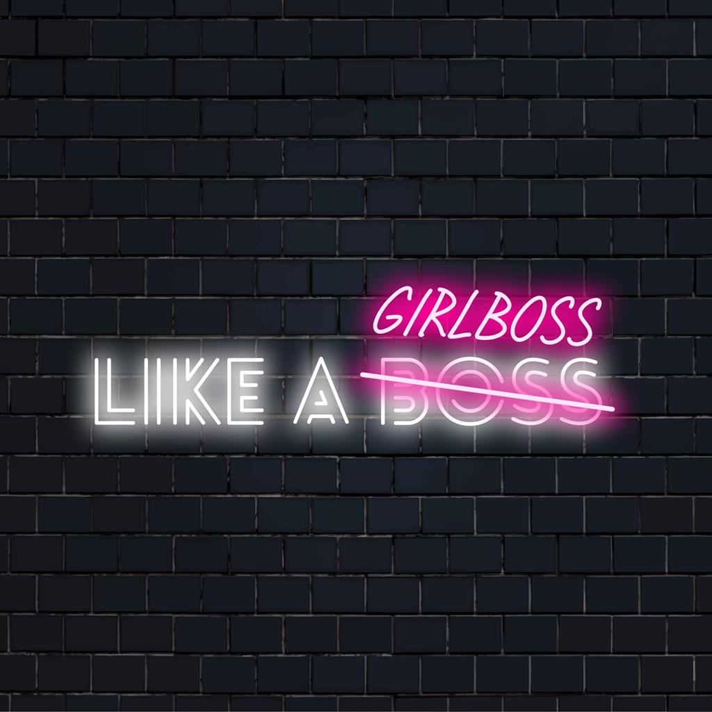 Mukautettu LED-neonkyltti Like A Girlbossin kirkkaissa väreissä, täydellinen moderniin sisustukseen ja motivoiviin näytöksiin.