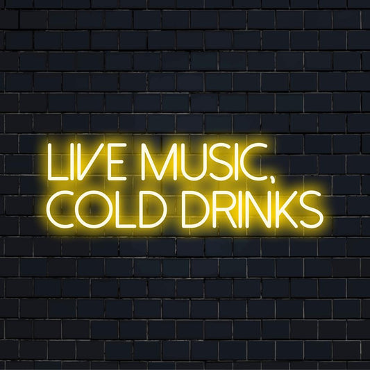 Kirkas LED-neonkyltti tekstillä Live Music, Cold Drinks, ihanteellinen eläviin kohteisiin ja kotibaareihin. Neonvalo sisustus.