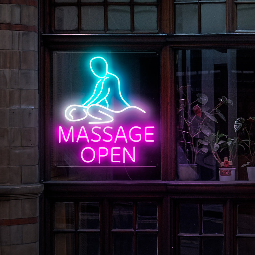 "Massage Open Neon Sign" är ett inbjudande och lugnande tillskott, perfekt för att signalera en öppen massage eller spa-service. Lys upp med avkoppling och lugn!