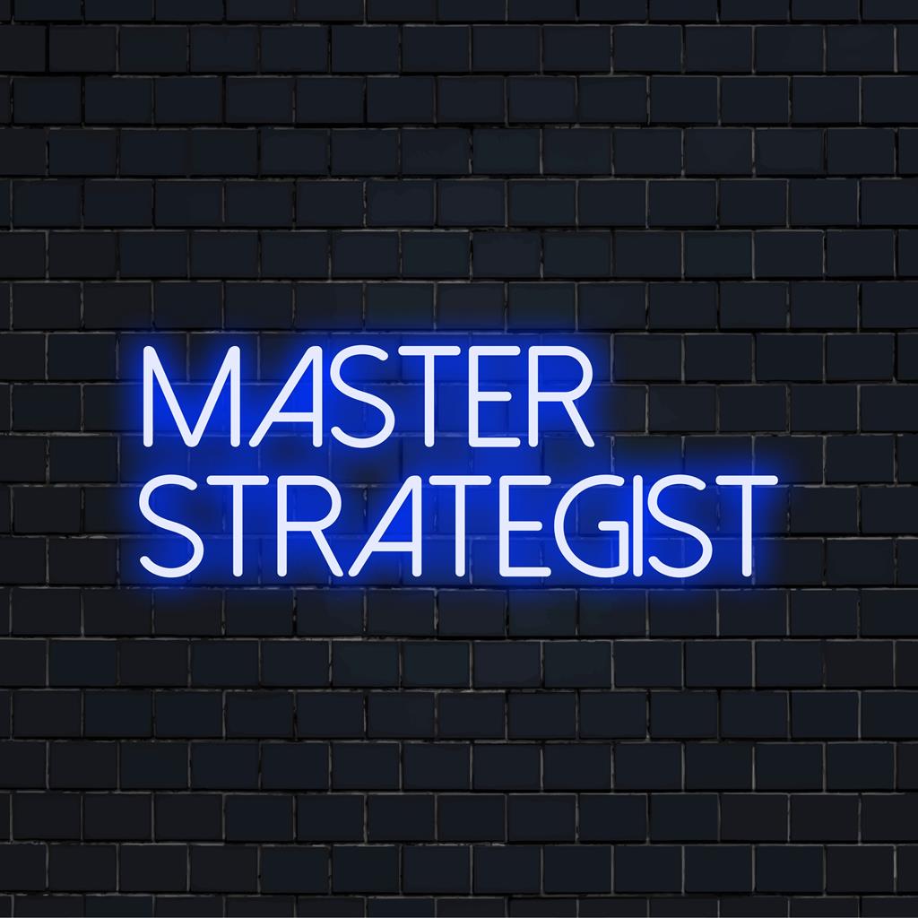 Illuminated Master Strategist text in warm LED neon, perfect as a custom accent in modern decor.