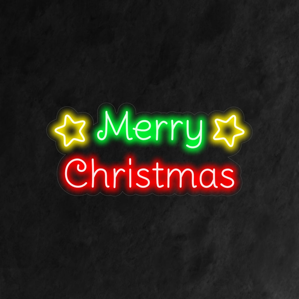 "Merry Christmas With Stars Neon Sign" on häikäisevä ja juhlava lisä loma-aiheiseen sisustukseen. Neonvalo, joka tuo tähtien loistoa joulujuhliin.