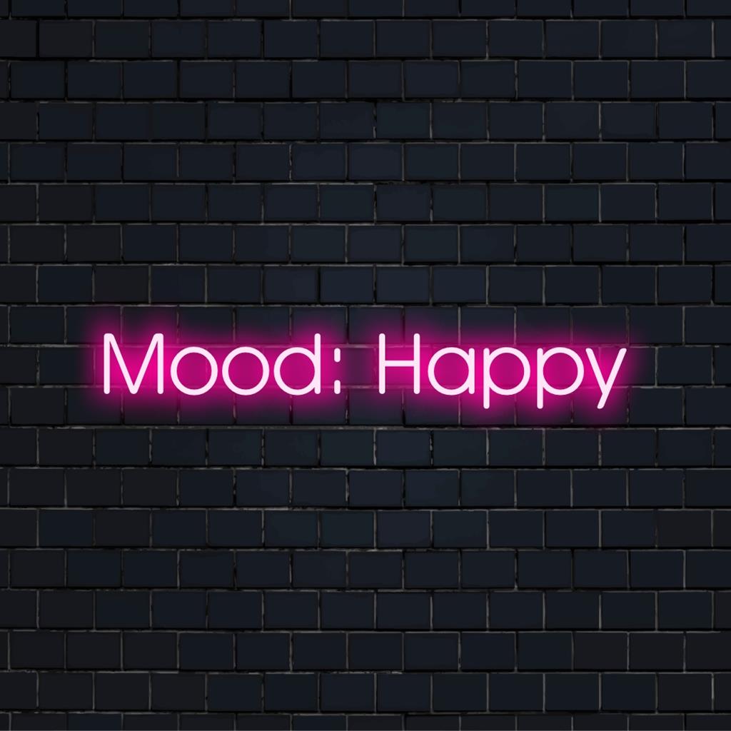 Mittatilaustyönä valmistettu LED-neonkyltti, jossa on teksti "Mood Happy" kirkkaissa, eloisissa väreissä.