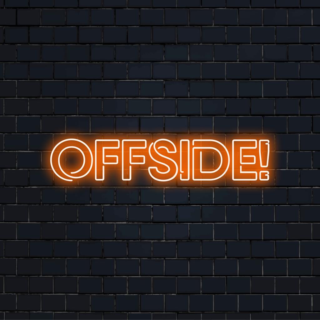 Custom-made LED neon sign showcasing vibrant offside-themed art, perfect for neon wall decor and personalized spaces.