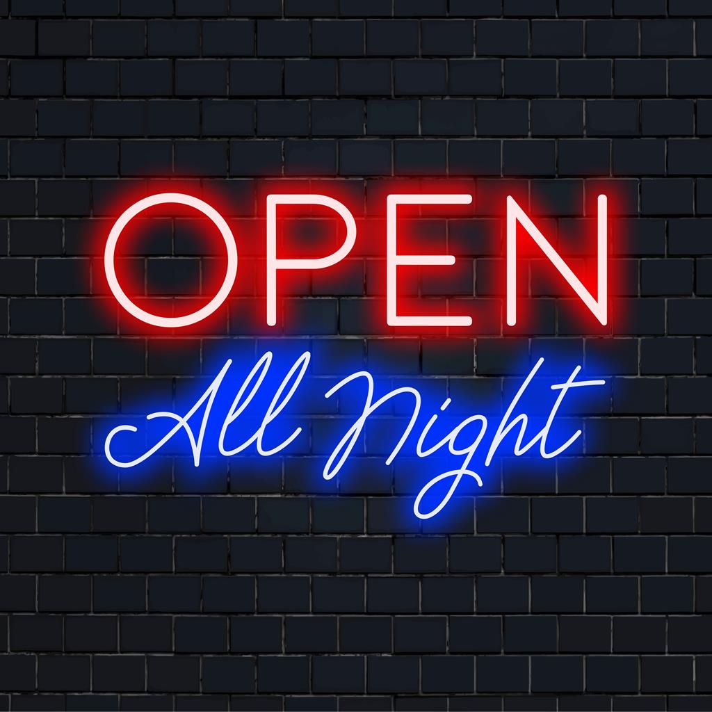 Vibrant Open All Night sign gleaming in blue LED neon lights, adding a retro vibe to your bar or restaurant decor.