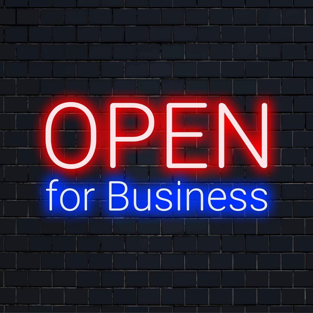 Eloisa vaaleanpunainen Open For Business -neonkyltti, joka on täydellinen julkisivuihin; kutsuva LED-lause.