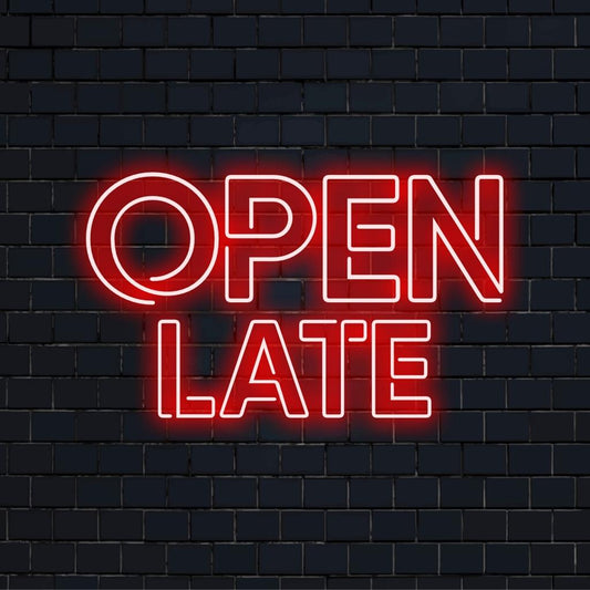 Custom made LED neon sign featuring Open Late, ideal for adding a vibrant, inviting glow to any space.