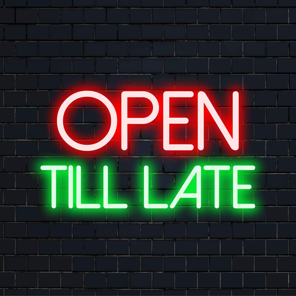 LED-valokyltti, jossa on Open Till Late -design; täydellinen yrityksille. Ihanteellinen mukautettu LED-sisustus mihin tahansa myöhäisillan tilaan.