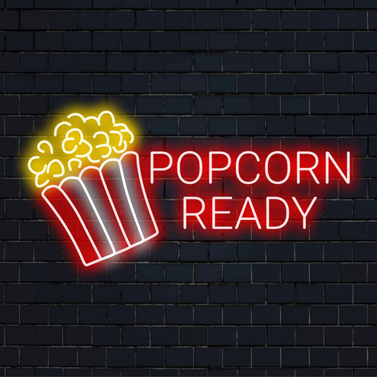 Custom LED neon sign spelling Popcorn Ready in bright light, perfect for movie nights and home decor enthusiasts.