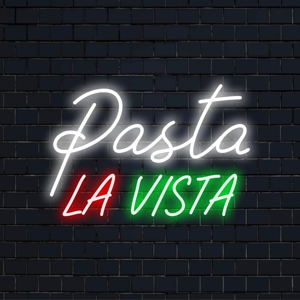 Mukautettu LED-neonkyltti, jossa on ilmaus Pasta La Vista, täydellinen lisäämään sisustukseen tyylikkään ilmeen.