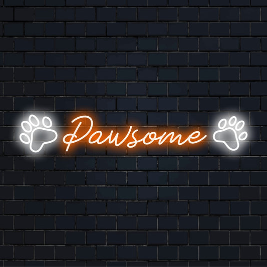 Mukautettu LED-neonkyltti nimeltä Pawsome, tyylitelty lemmikkien ystäville; siinä on elävä neonväri ja tassun muotoilu.