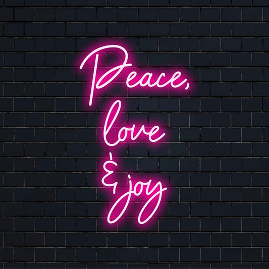 Versatile custom-made LED neon sign featuring the words Peace Love Enjoy” in vibrant colors, perfect for any setting.