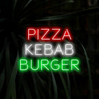 "Pizza Kebab Burger Neon Sign" on suussa sulava ja monipuolinen lisäys, joka on täydellinen tiloihin, joissa on tarjolla erilaisia ​​herkullisia vaihtoehtoja. Valaise monipuolisen ruokalistan tuoksulla!