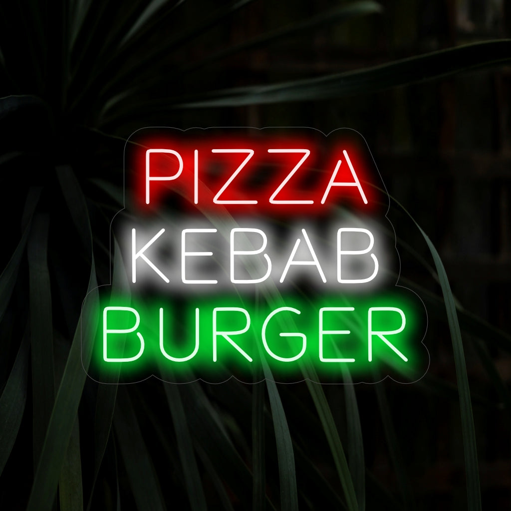 "Pizza Kebab Burger Neon Sign" on suussa sulava ja monipuolinen lisäys, joka on täydellinen tiloihin, joissa on tarjolla erilaisia ​​herkullisia vaihtoehtoja. Valaise monipuolisen ruokalistan tuoksulla!