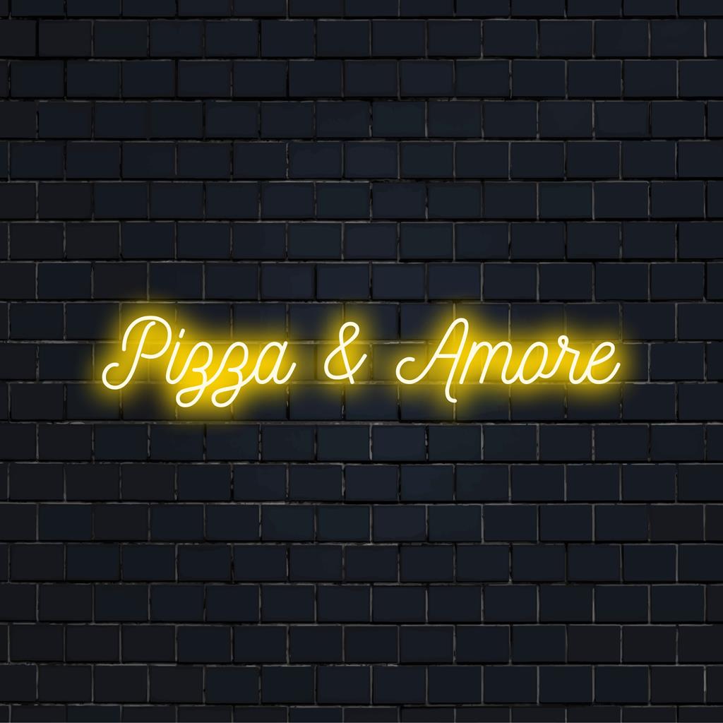 Livlig Pizza & Amore neonskylt som blandar mat och kärleksvibbar; perfekt för mysig atmosfär eller restauranginredning.