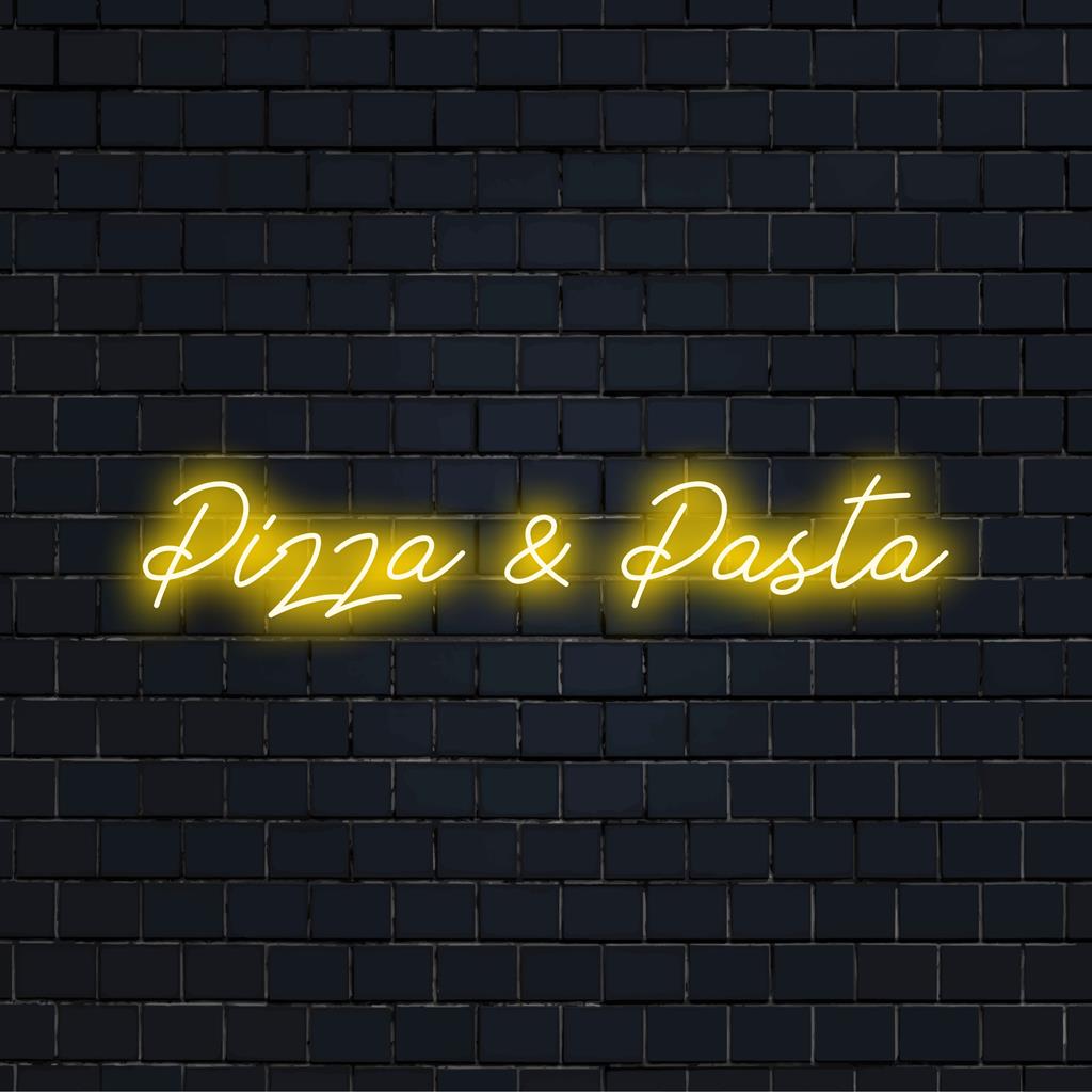 Vibrant neon sign depicting crossed pizza slice and pasta fork, perfect custom LED design for food lovers' decor.